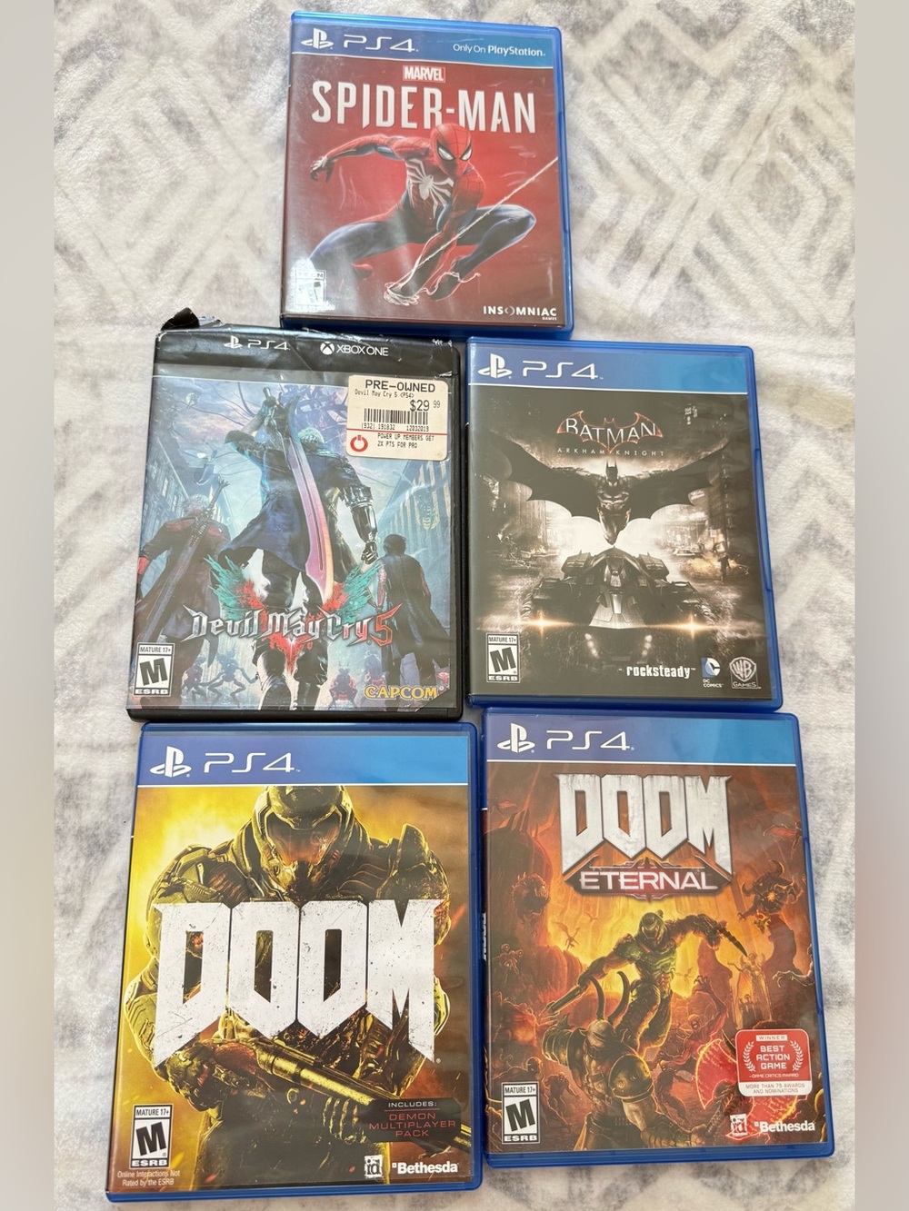 PS4 Games Lot of 5 – Spider-Man, Batman, DOOM & DMC5